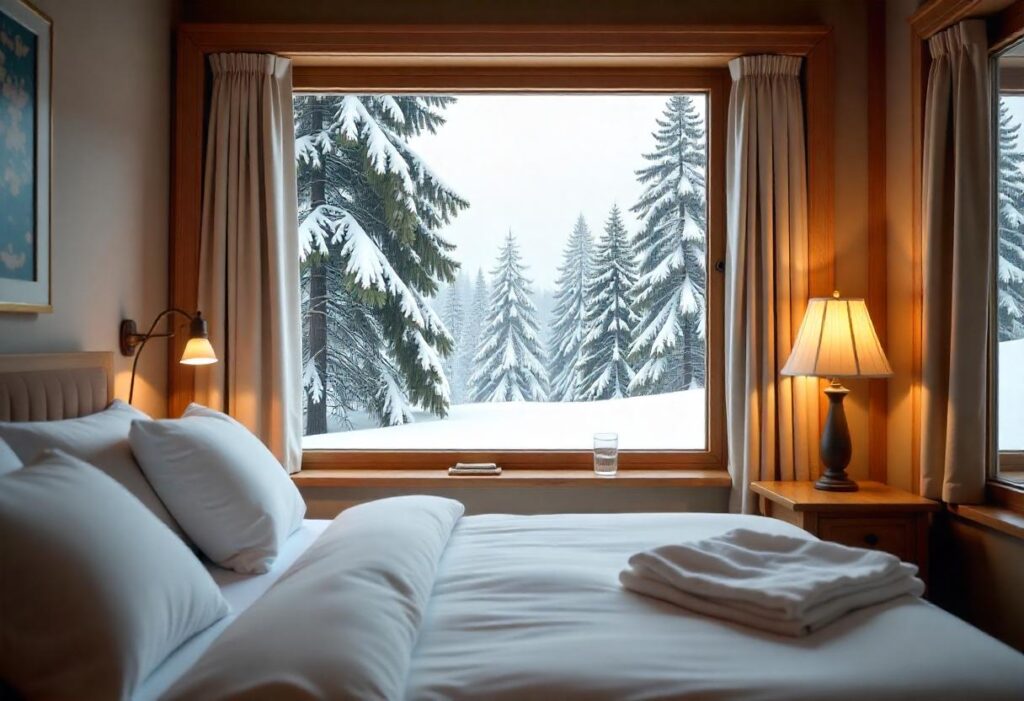 Large picture window with wooden frame showcasing snowy forest view in modern Canadian bedroom