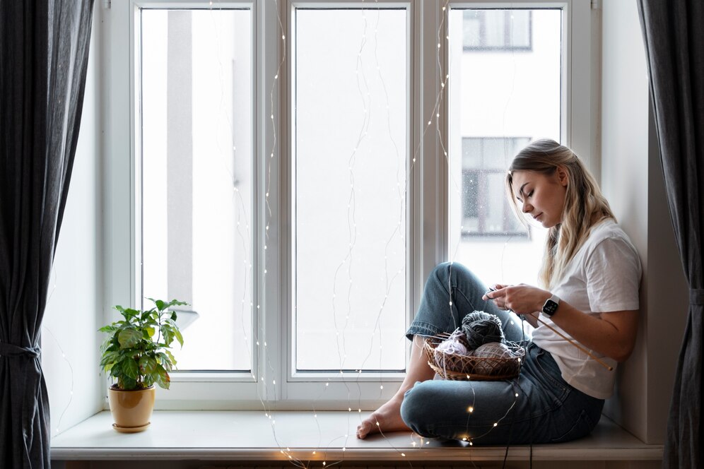 Woman sitting on windowsill by white vinyl casement windows in bright modern apartment interior