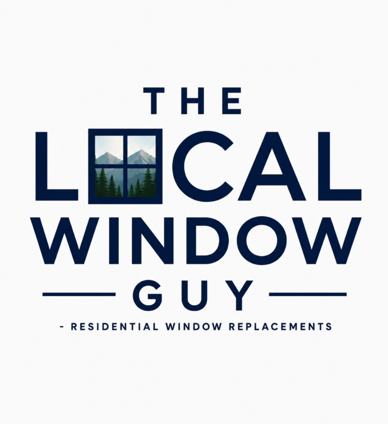 Logo for The Local Window Guy featuring a window pane with mountains and pine trees and the text 'Residential Window Replacements' beneath.