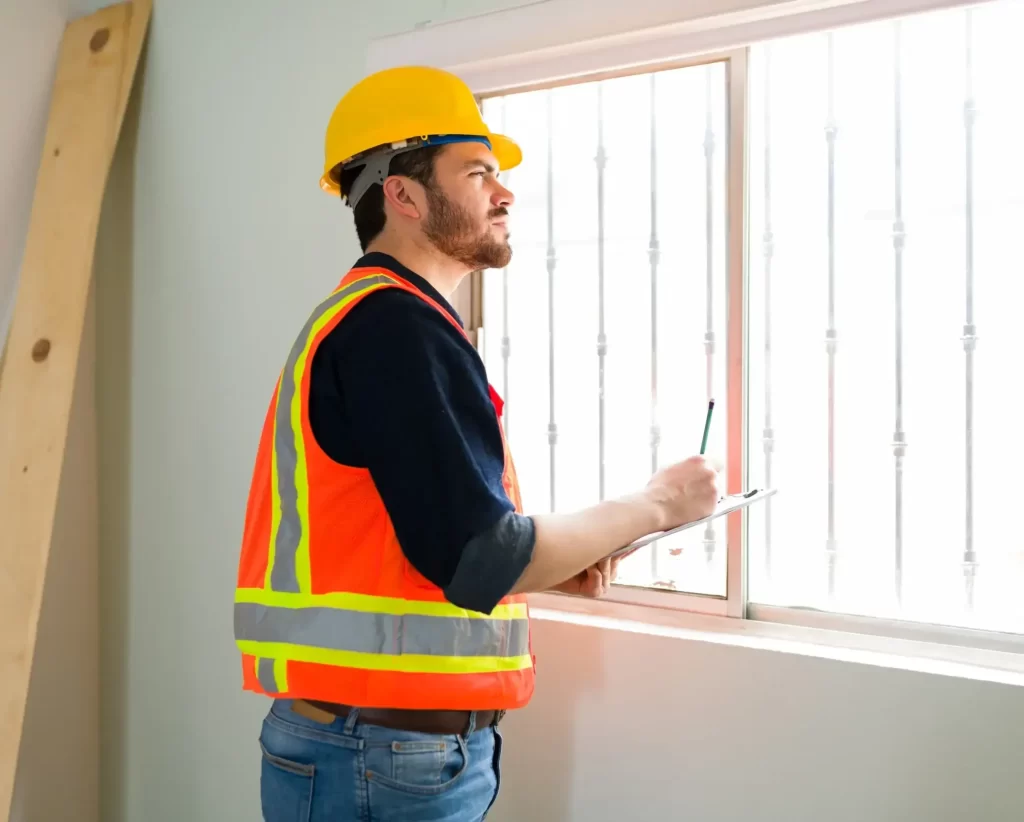 Window technician in safety gear installing white frame window in new construction