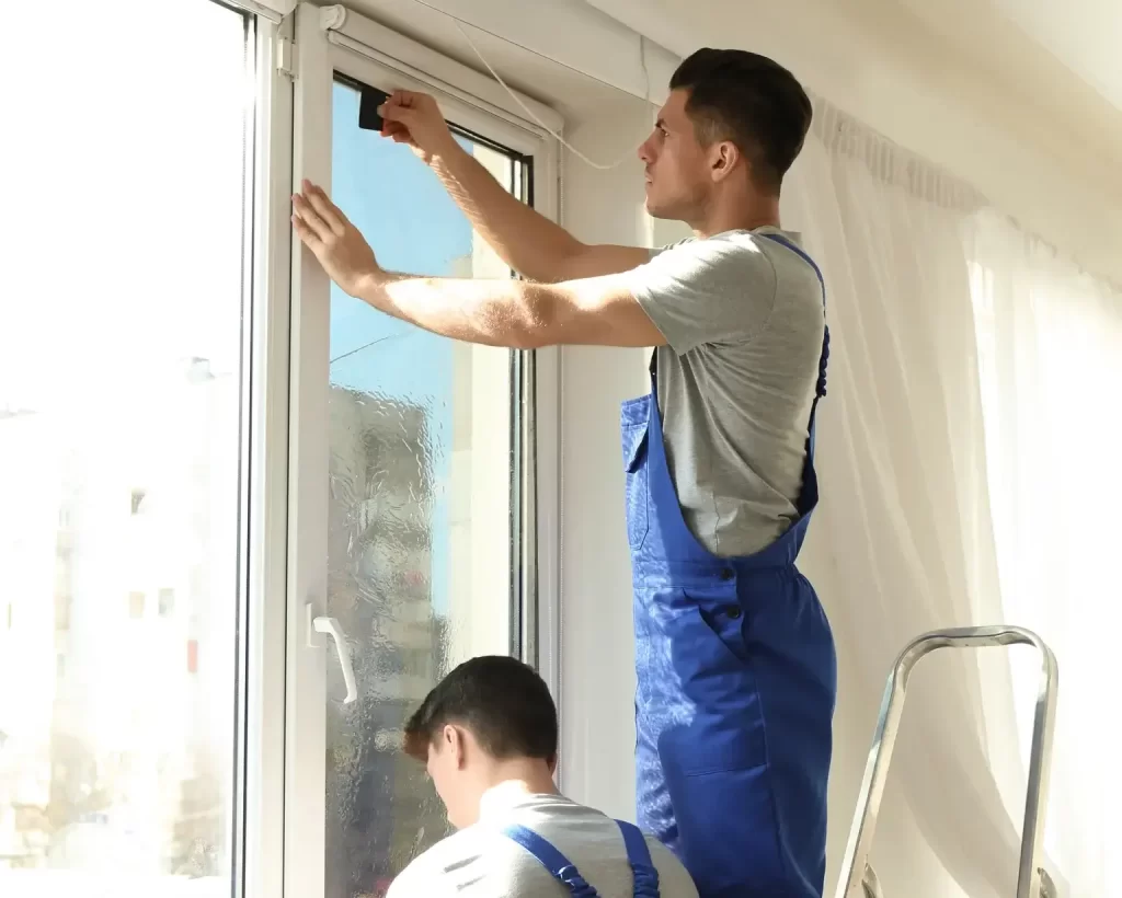 Window installer measuring white vinyl window frame during professional installation