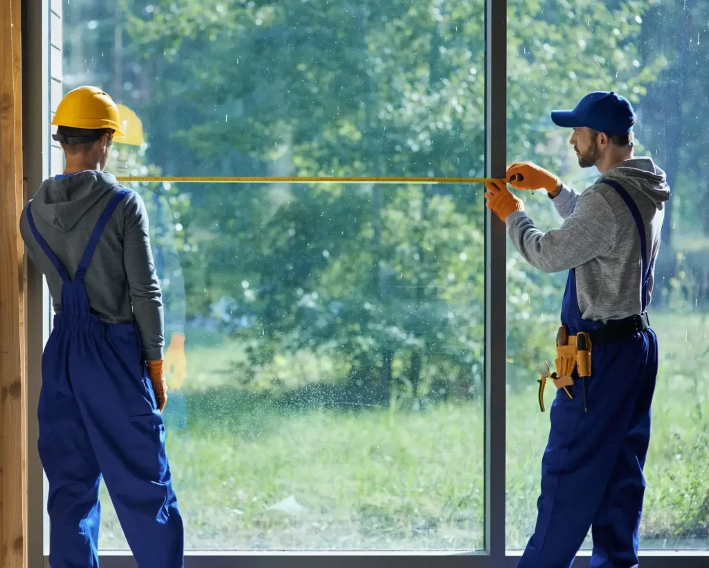 Two window technicians measuring large glass window opening in residential construction