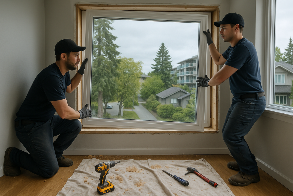Two installers fit a double-glazed window into a Vancouver home’s frame. Wood shavings, tools, and dust highlight the real-world replacement process. The glass reflects cedar trees and condos, while natural light and detailed textures evoke Vancouver’s residential environment.