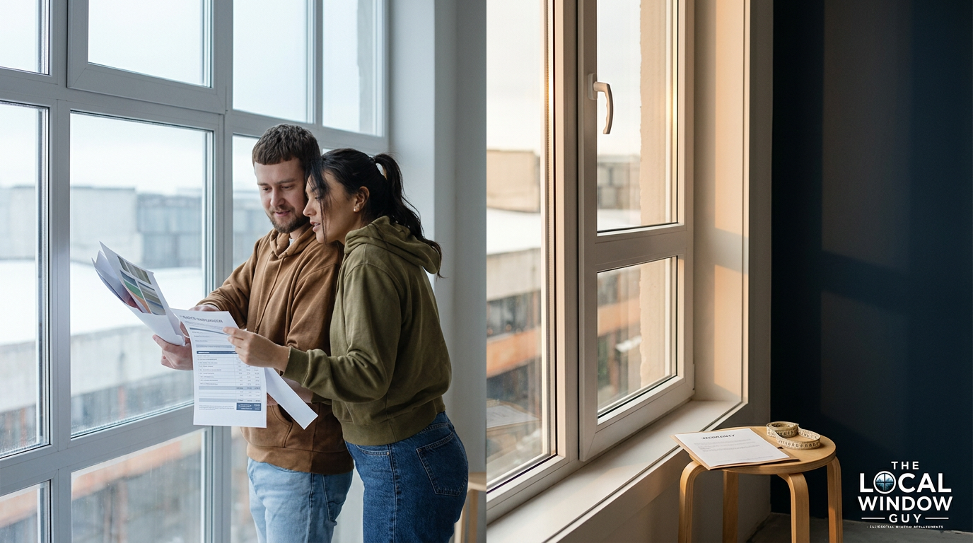 Couple inspecting window brochures by a large, bright grid window in a modern living space, with a small table nearby.