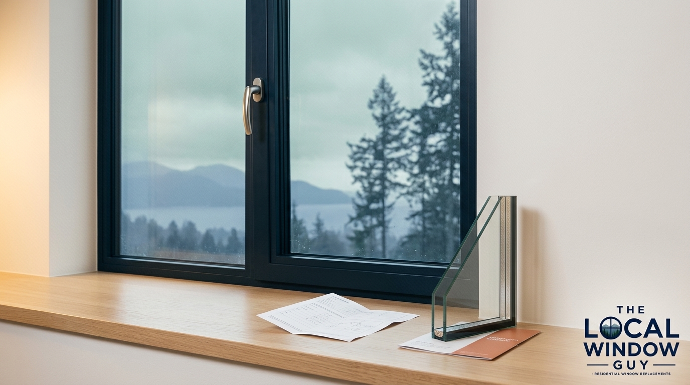 Window on a wooden sill with papers and a glass sample resting beside a brochure; outdoors shows evergreen trees and distant mountains, with 'The Local Window Guy' logo visible in the corner.