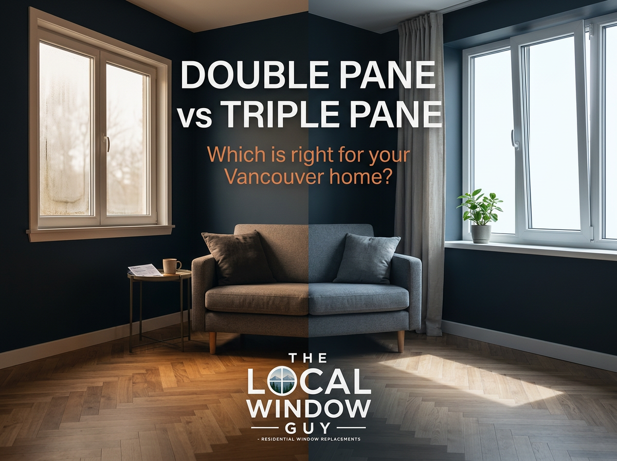 Split-image ad comparing double-pane and triple-pane windows in a Vancouver living room, with the headline 'DOUBLE PANE VS TRIPLE PANE' and subline 'Which is right for your Vancouver home?'. The Local Window Guy logo at the bottom.