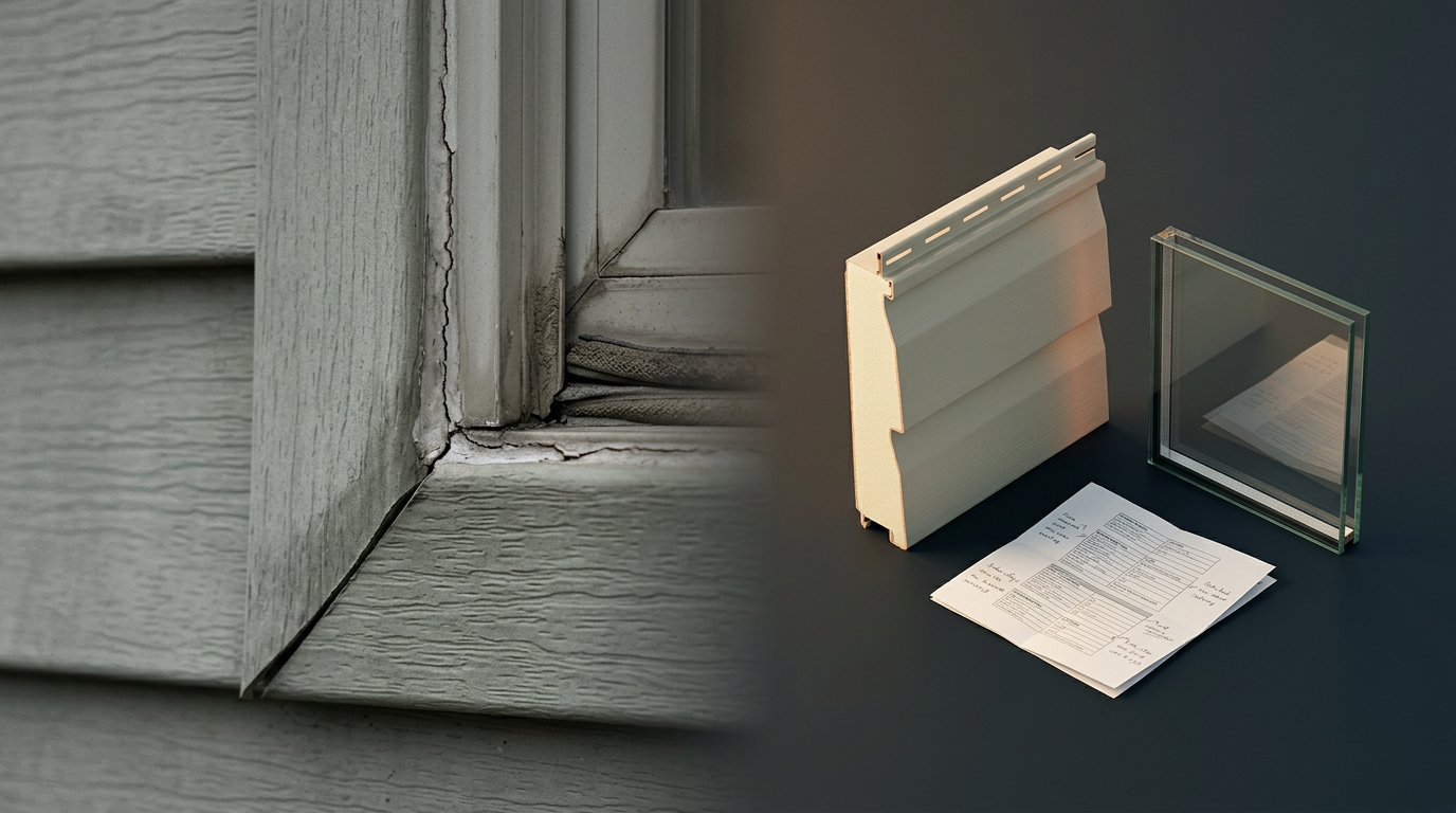 Left side shows cracked, weathered gray wooden siding around a window; right side has a white binder, a glass display case, and a sheet of printed documents on a dark surface.