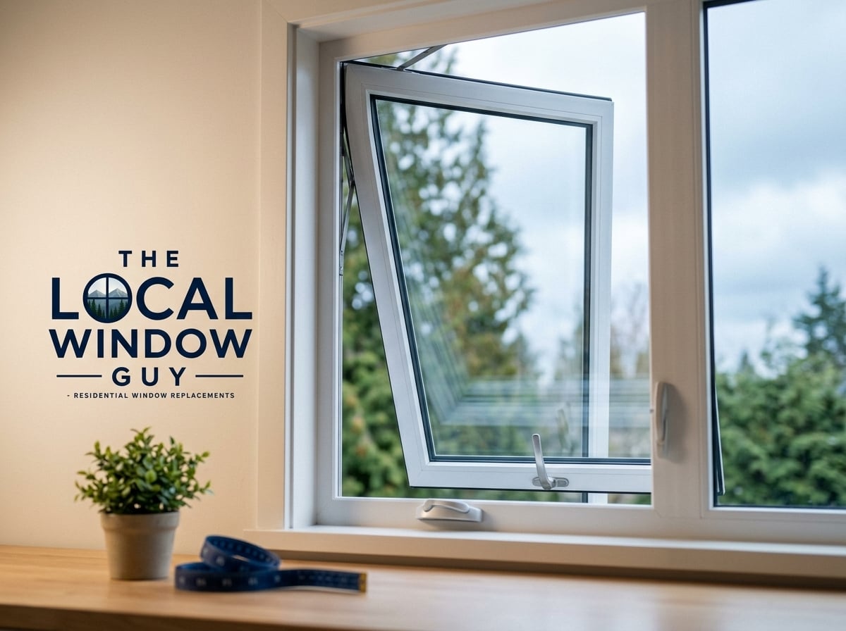 Logo and opening window display a business interior for The Local Window Guy with a plant and measuring tape on a wooden desk nearby.