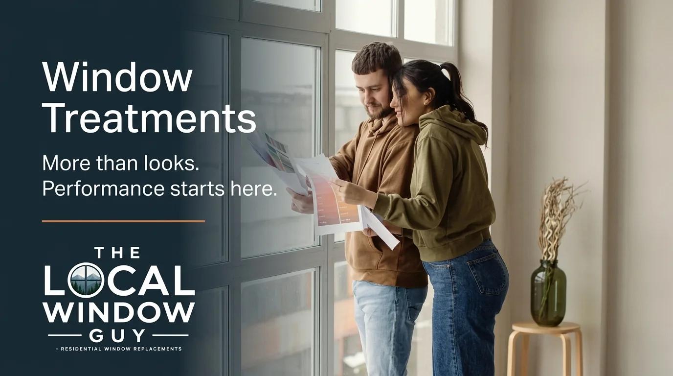 Two people review color swatches beside a large window in an ad for window treatments, with the 'Window Treatments' headline and The Local Window Guy logo.