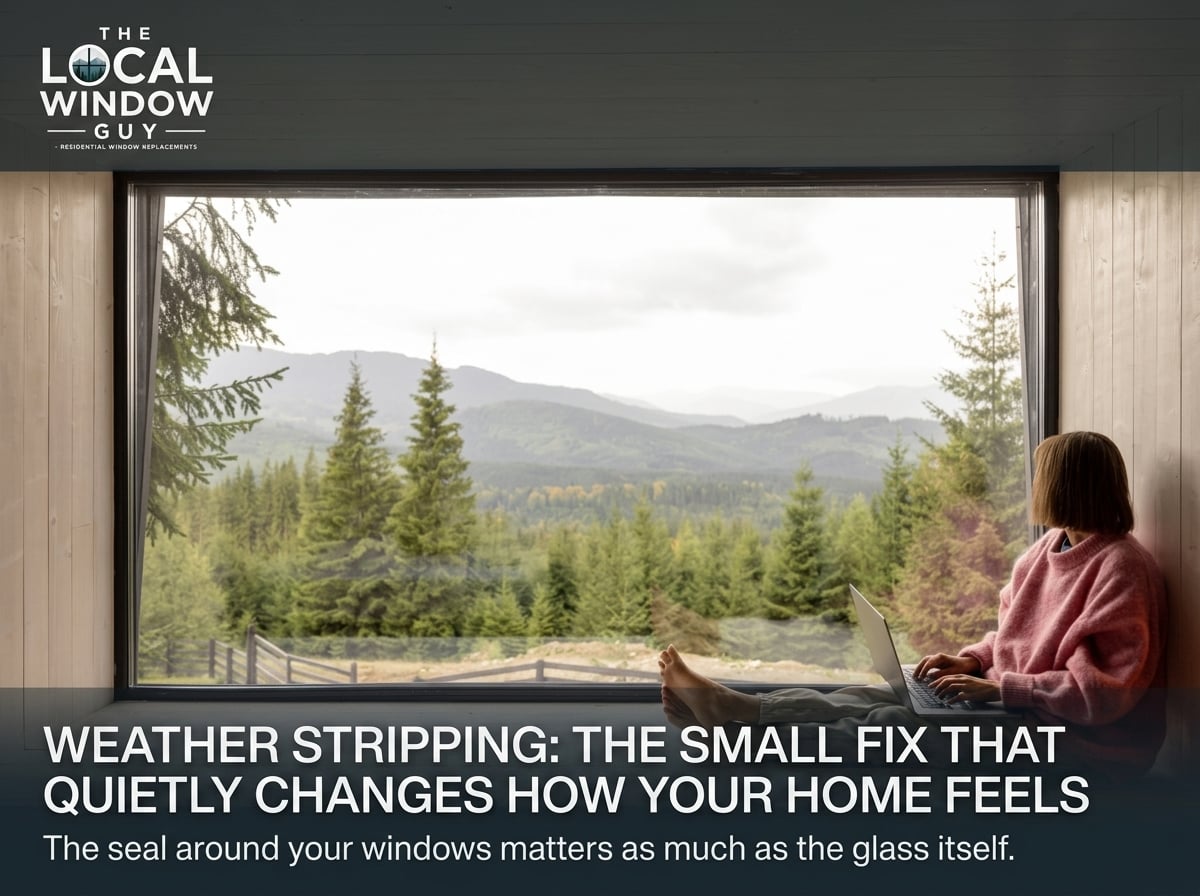 Person seated with a laptop by a large window overlooking a forest and mountains; article on weather stripping benefits.
