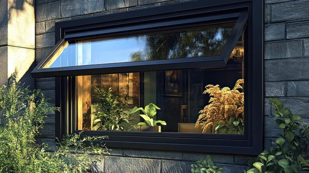 Black aluminum awning window with top opening mechanism on modern stone exterior wall