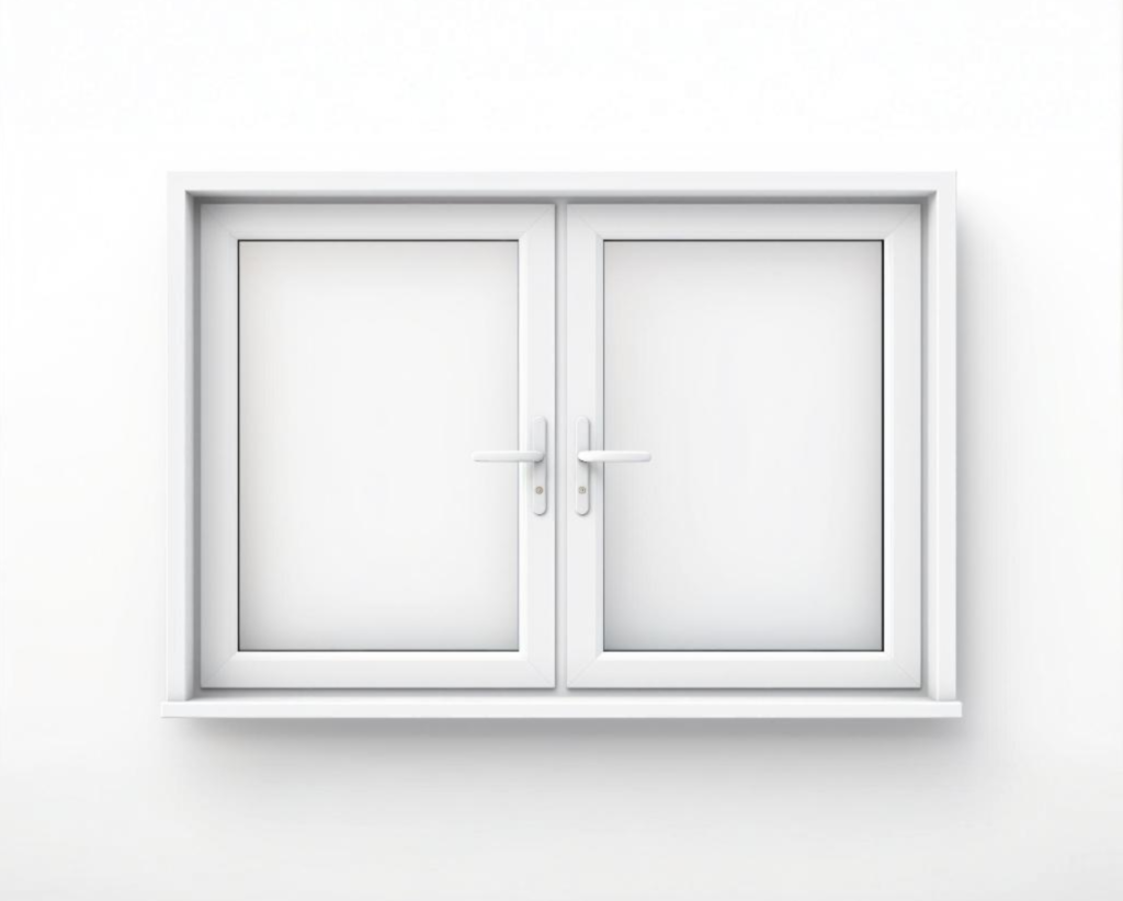 White vinyl double casement window with handles on clean white wall