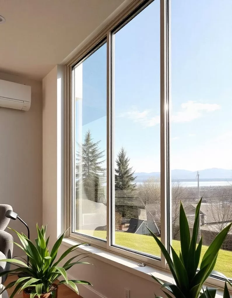 White vinyl casement windows with ocean and mountain views in modern Vancouver home interior