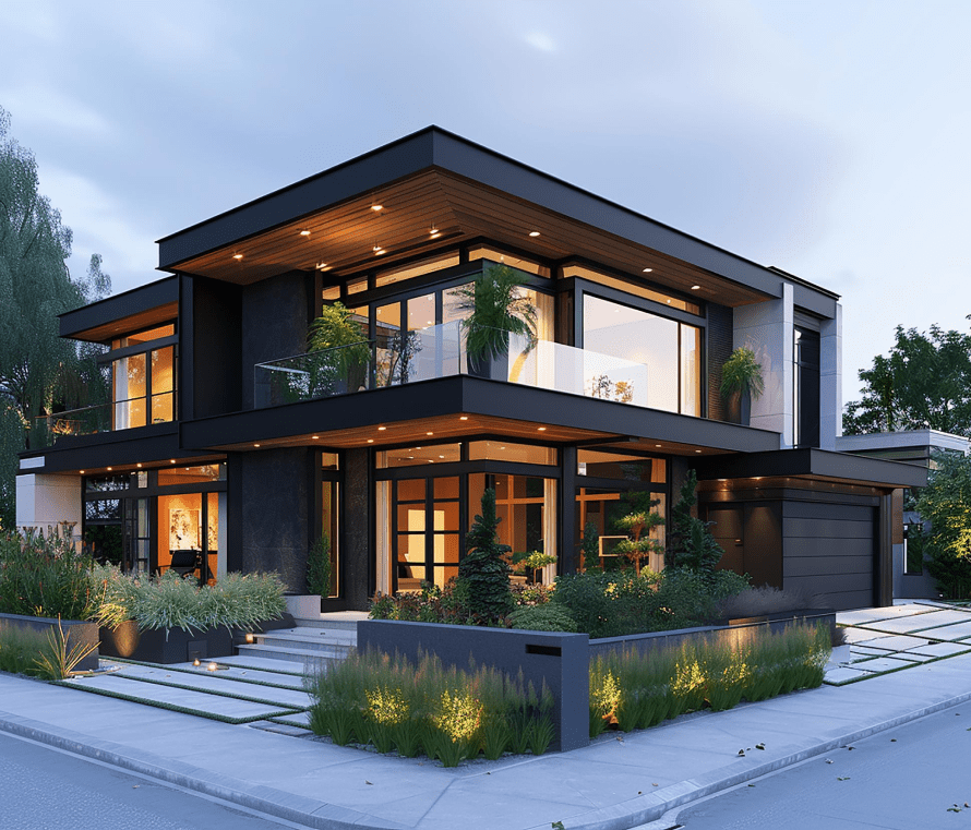 Contemporary two-story house with large black frame windows and German tilt-and-turn window design at dusk