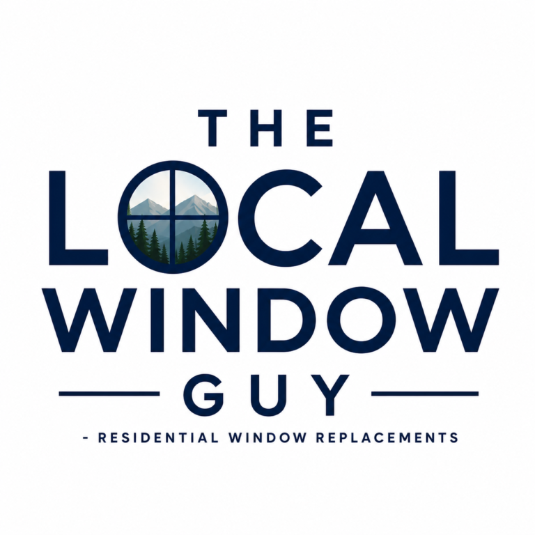 The Local Window Guy logo: round window graphic with mountains and trees, flanked by bold navy text 'THE LOCAL WINDOW GUY' and 'G U Y'; subtitle 'Residential Window Replacements' beneath.