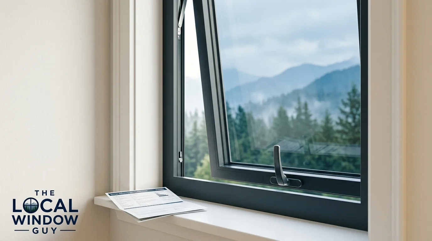 Open rectangular window with a mountain and forest view, a brochure on the white windowsill, and branding text 'THE LOCAL WINDOW GUY' in the corner.